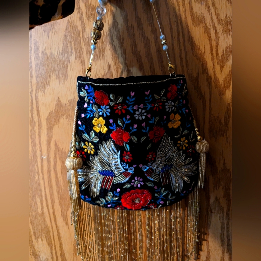 Never Before Worn Hand Beaded/Embroidered Rose Partridge Potli Handbag
